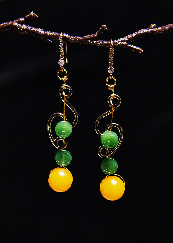 Retro Green Jade Beeswax Zircon Drop Earrings