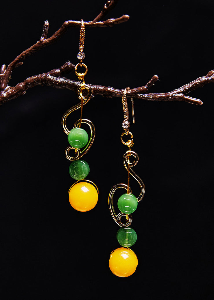 Retro Green Jade Beeswax Zircon Drop Earrings