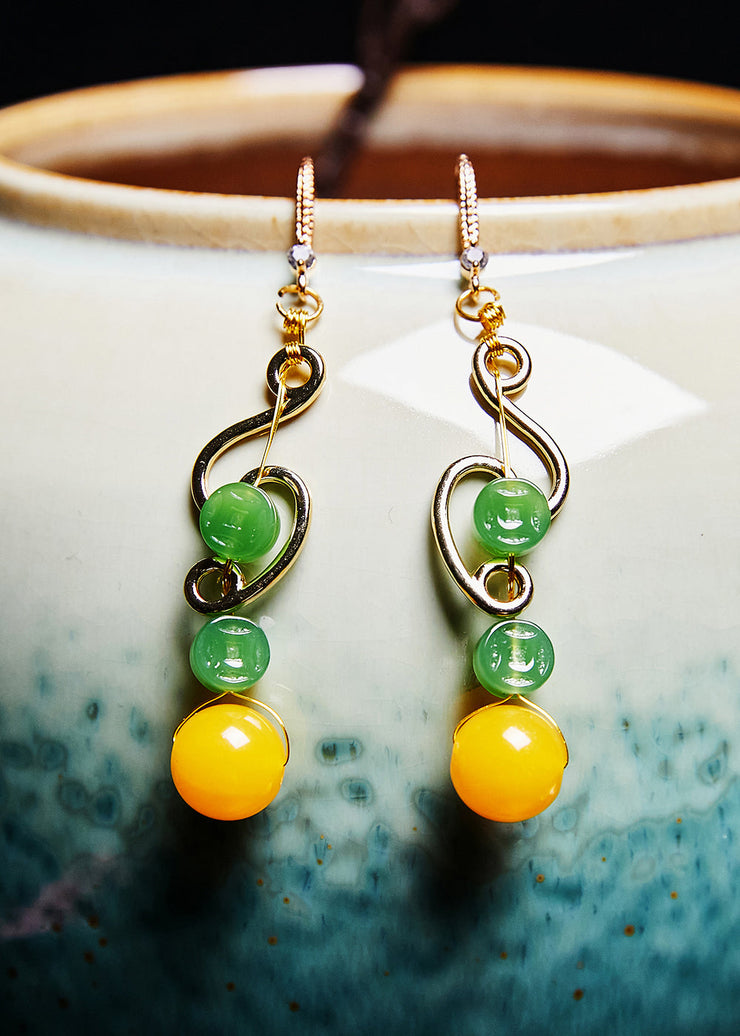 Retro Green Jade Beeswax Zircon Drop Earrings