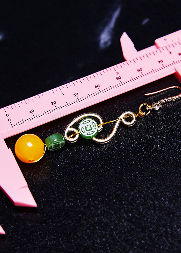 Retro Green Jade Beeswax Zircon Drop Earrings