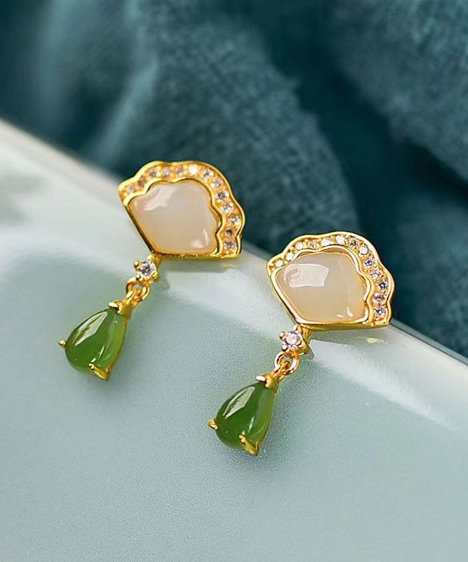 Retro Green Jade Zircon Silver Stud Earrings