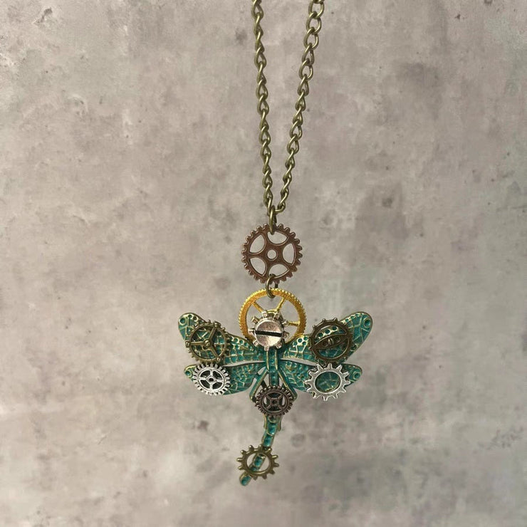 Retro Green Metal Alloy Gear Dragonfly Pendant Necklace