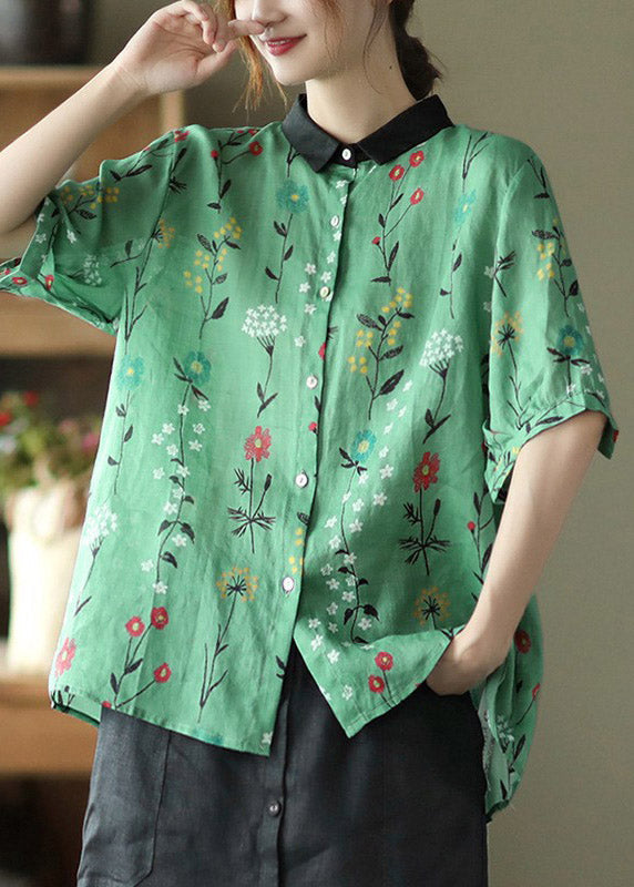 Retro Green Peter Pan Collar Print Button Linen Shirts Half Sleeve