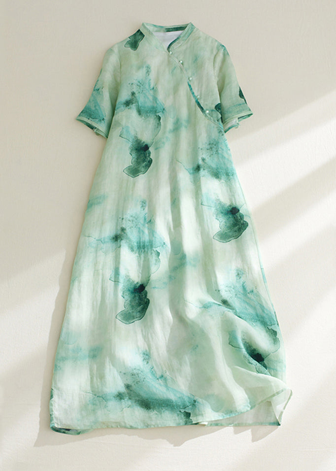 Retro Green Print Button Maxi Dresses Summer