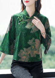 Retro Green Print Chinese Button Silk Blouses Flare Sleeve