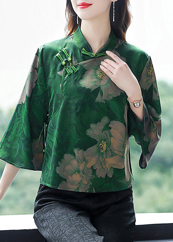 Retro Green Print Chinese Button Silk Blouses Flare Sleeve