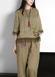 Retro Green Stand Collar Button Embroideried Patchwork Linen Top Summer