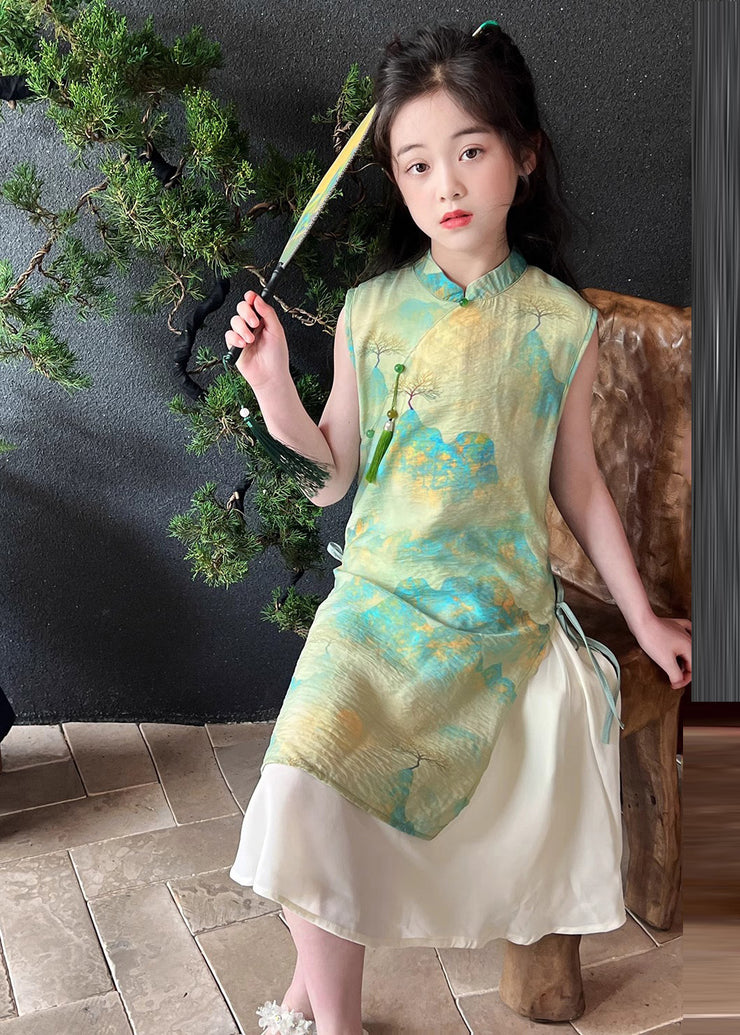 Retro Green Stand Collar Print Tie Waist Kids Maxi Dress Short Sleeve