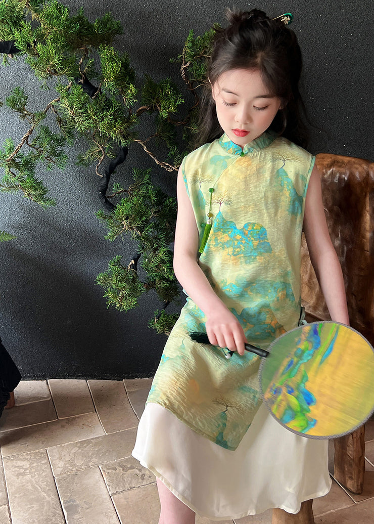 Retro Green Stand Collar Print Tie Waist Kids Maxi Dress Short Sleeve