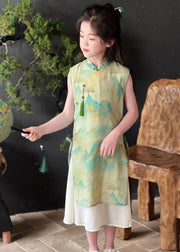 Retro Green Stand Collar Print Tie Waist Kids Maxi Dress Short Sleeve