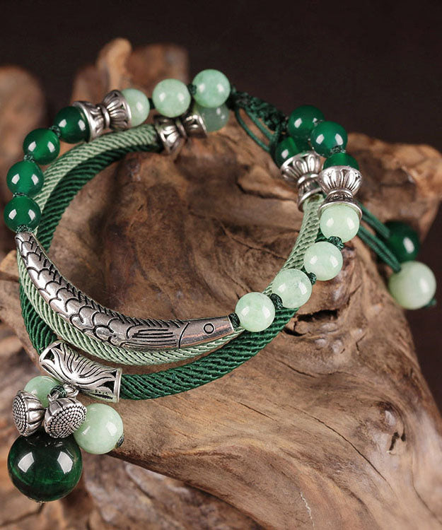 Retro Green Sterling Silver Jade Green Agate Tiger&