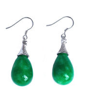 Retro Green Sterling Silver Jade Water Drop Drop Earrings