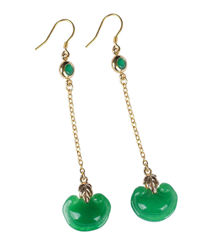 Retro Green Sterling Silver Overgild Jade Drop Earrings