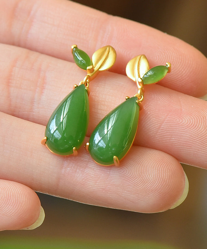 Retro Green Sterling Silver Overgild Jade Water Drop Drop Earrings