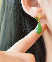 Retro Green Sterling Silver Overgild Jade Water Drop Drop Earrings