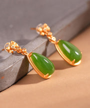 Retro Green Sterling Silver Overgild Jade Water Drop Drop Earrings