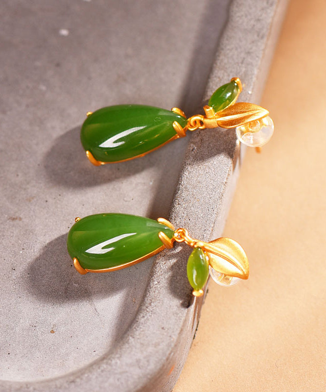 Retro Green Sterling Silver Overgild Jade Water Drop Drop Earrings