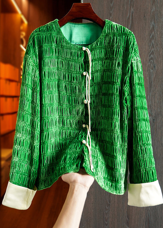 Retro Green Tasseled Wrinkled Patchwork Silk Velour Coats Fall