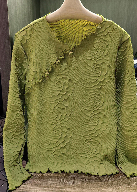 Retro Green V Neck Ruffled Wrinkled Button Top Long Sleeve