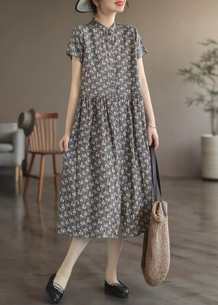 Retro Grey Stand Collar Print Long Dresses Summer