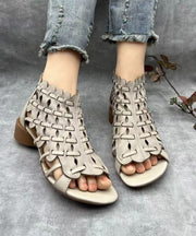 Retro Hollow Out Chunky Sandals Brown Cowhide Leather