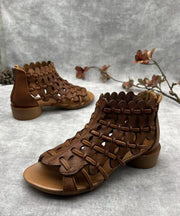 Retro Hollow Out Chunky Sandals Brown Cowhide Leather