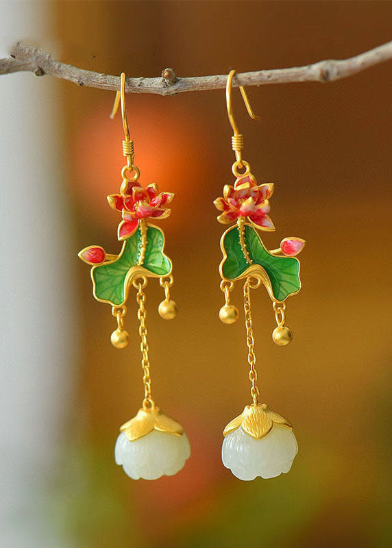 Retro Jade Tassel Lotus Metal Drop Earrings