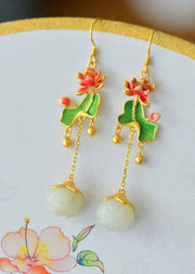 Retro Jade Tassel Lotus Metal Drop Earrings