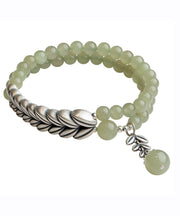 Retro Light Green Jade Silver Wheat Ear Chain Bracelet