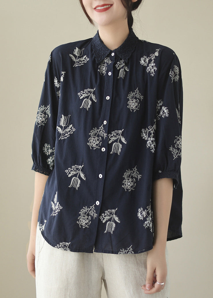 Retro Navy Blue Peter Pan Collar Print Hollow Out Button Cotton Shirt Half Sleeve