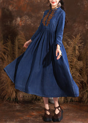 Retro Navy Stand Collar Wrinkled Patchwork Denim Long Dress Long Sleeve