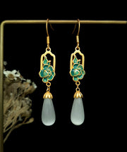 Retro Nude Copper Overgild Cat's Eye Stone Jade Enamel Water Drop Drop Earrings