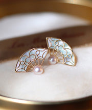 Retro Orange Copper Overgild Gold Fan-Shaped Shell Stud Earrings