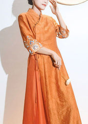 Retro Orange Embroideried Lace Up Patchwork Silk Dresses Summer