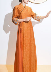 Retro Orange Embroideried Lace Up Patchwork Silk Dresses Summer