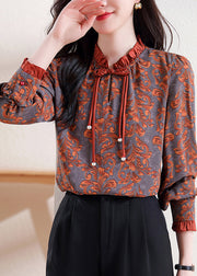 Retro Orange Ruffled Print Tops Long Sleeve