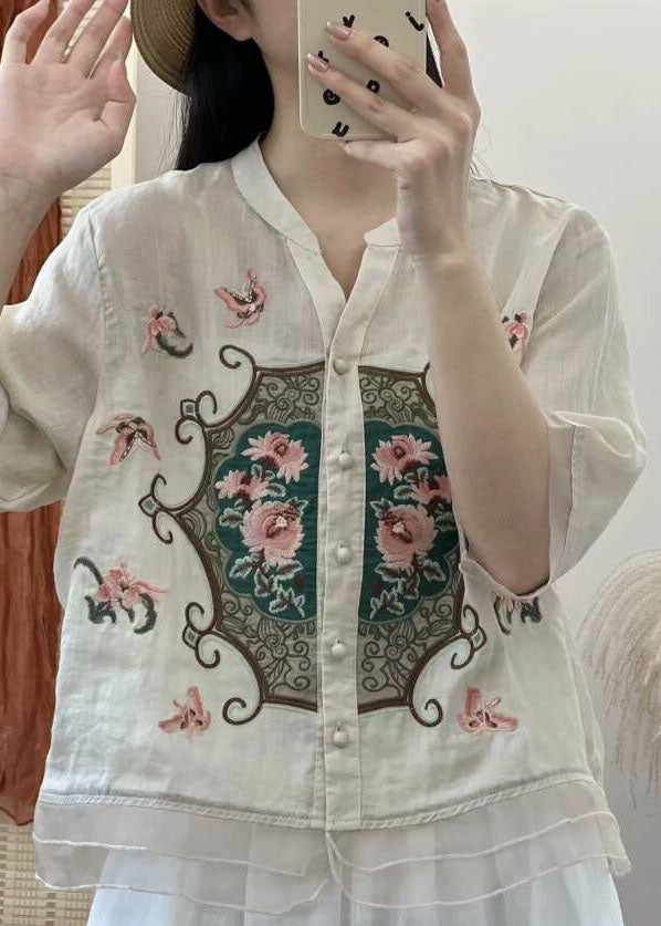 Retro Orange V Neck Embroideried Button Patchwork Linen Shirts Half Sleeve