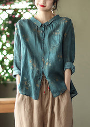 Retro Peacock purple Peter Pan Collar Print Button Wrinkled Shirts Long Sleeve