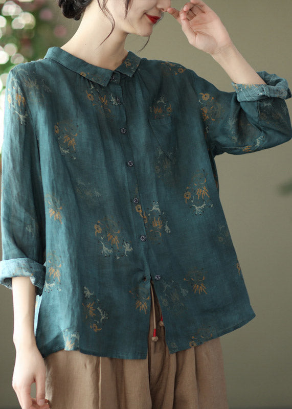 Retro Peacock yellow Peter Pan Collar Print Button Wrinkled Shirts Long Sleeve