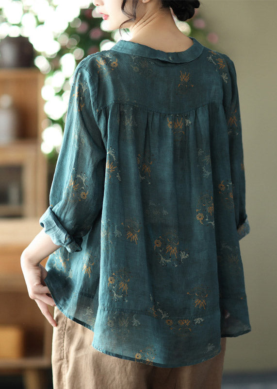 Retro Peacock yellow Peter Pan Collar Print Button Wrinkled Shirts Long Sleeve