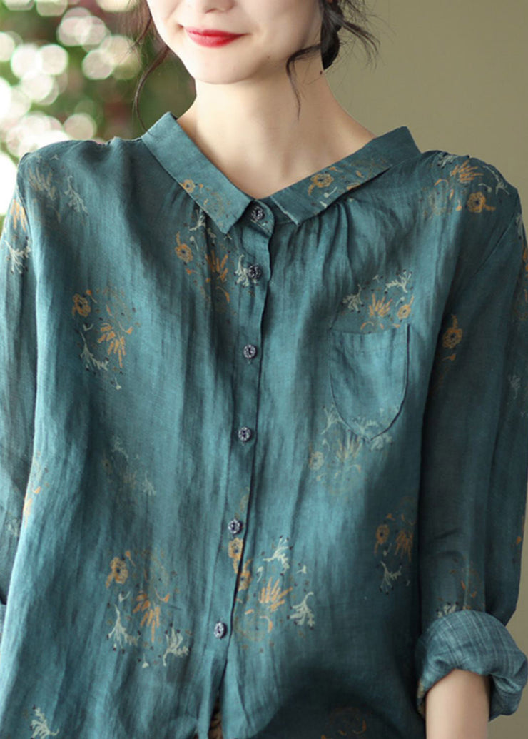 Retro Peacock yellow Peter Pan Collar Print Button Wrinkled Shirts Long Sleeve