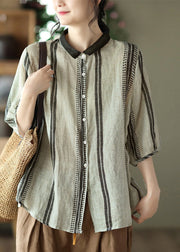 Retro Peter Pan Collar Striped Button Linen Shirt Half Sleeve