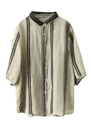 Retro Peter Pan Collar Striped Button Linen Shirt Half Sleeve