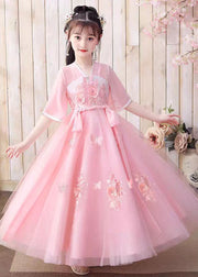 Retro Pink Floral Butterfly Embroideried Patchwork Chiffon Kids Girls Long Dresses Summer