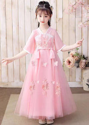 Retro Pink Floral Butterfly Embroideried Patchwork Chiffon Kids Girls Long Dresses Summer