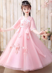 Retro Pink Floral Butterfly Embroideried Patchwork Chiffon Kids Girls Long Dresses Summer