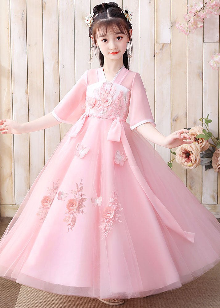 Retro Pink Floral Butterfly Embroideried Patchwork Chiffon Kids Girls Long Dresses Summer