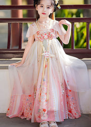 Retro Pink Print Wrinkled Patchwork Chiffon Kids Girls Long Dresses Summer