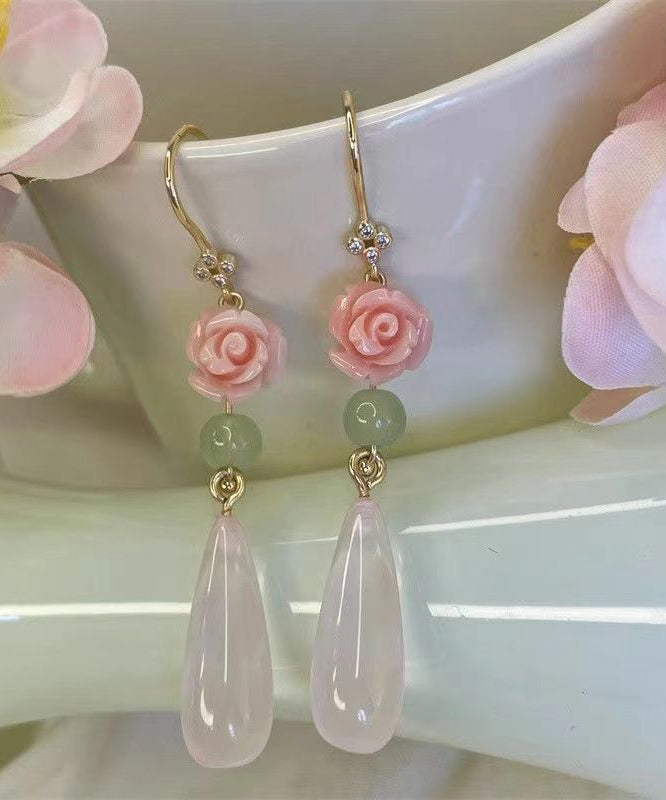 Retro Pink Sterling Silver Overgild Water Drop Rose Drop Earrings