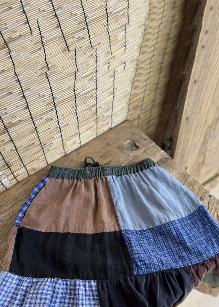 Retro Plaid Elastic Waist Patchwork Cotton Skirts Fall